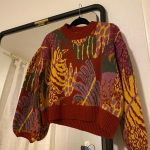 Farm Rio Cropped Kit Balloon Sleeve Sweater Size XS